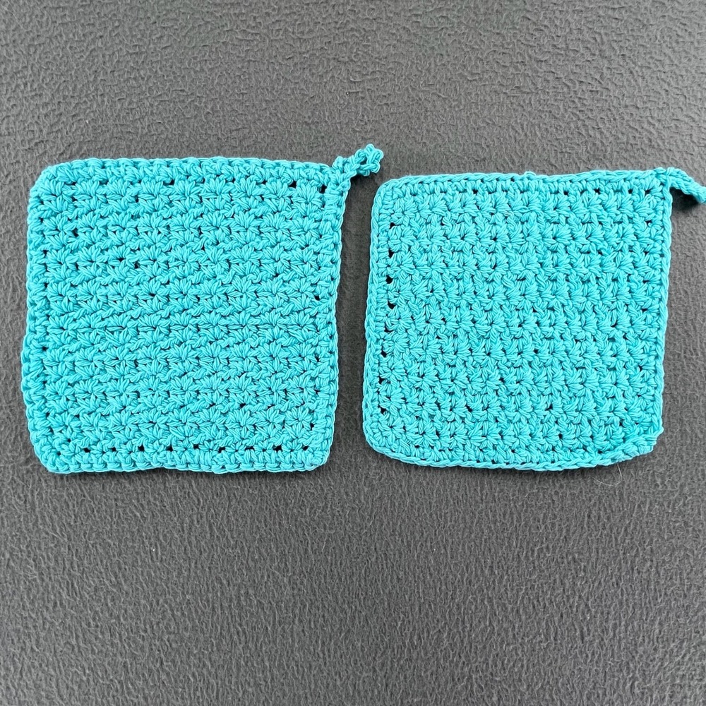 Handmade Crochet Pot Holders Turquoise Cotton Hot Pads Set of 2 Cottagecore Boho